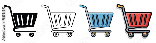 Retail shopping trolley symbols in diverse appearances from flat black to vibrant colored outlines perfect for online store interfaces and modern brand identity applications