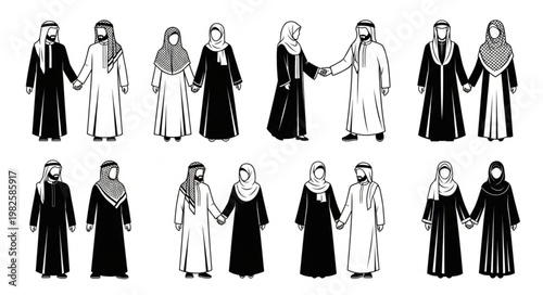 Traditional Arab Men and Women Holding Hands Together.