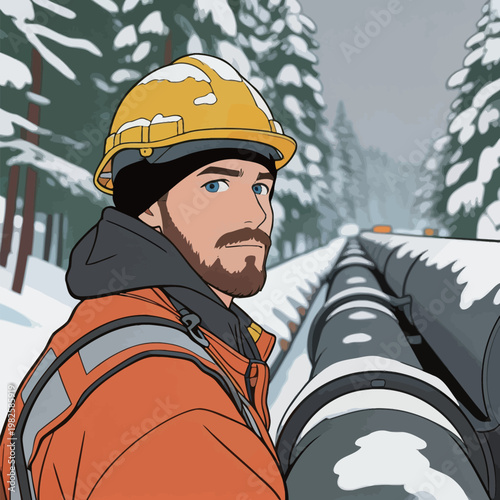 Worker in Snowy Industrial Pipeline Site