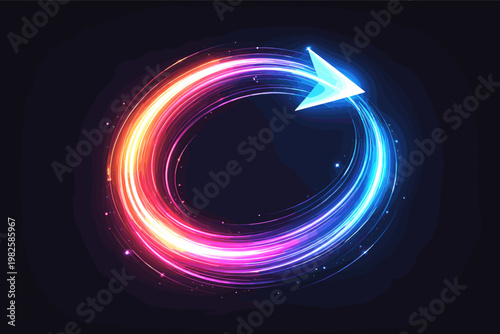 Futuristic Circular Speed Arrow with Glowing Neon Light Trails Forming a Continuous Loop, Representing Dynamic Motion, Progress, and High-Speed Energy in a Digital Abstract Vector Illustration