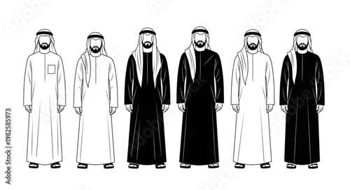 Traditional Arab Men in Various Thobes and Headwear Poses.