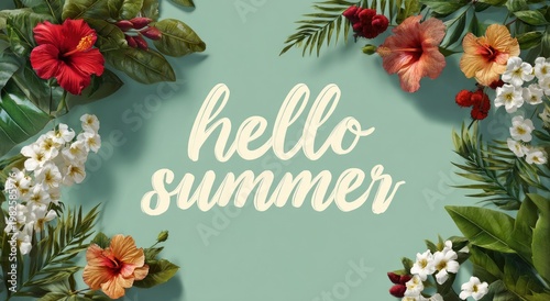 A vibrant flat lay composition showcases tropical flowers and lush greenery framing the cheerful greeting 'hello summer' against a soft teal background.