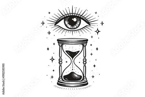 Mystical All-Seeing Eye and Hourglass Vector Illustration, Hand-Drawn Ink Sketch with Celestial Stars, Esoteric Symbolism of Time and Destiny for Occult Design, Vintage Spiritual Art Concept