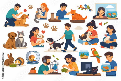 Collection of People with Pets Vector Illustrations. Happy Men, Women, and Children Interacting with Dogs, Cats, Birds, Fish, and Rabbits. Flat Cartoon Style for Pet Care and Ownership Concepts.