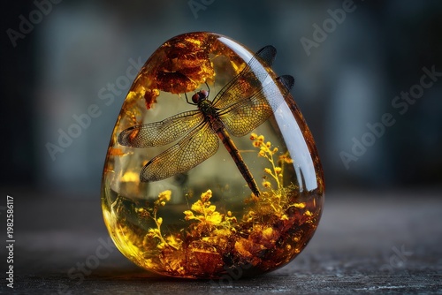 A stunning macro photograph showcases a delicate dragonfly perfectly preserved within a clear resin sphere, surrounded by dried flowers and foliage, creating a captivating display of natural beauty.