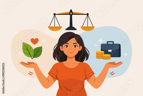 Young Hispanic woman balancing work and life with justice scales, briefcase, gold coins, and green leaves with a heart. Concept of career vs personal values, sustainability, and ethical business.