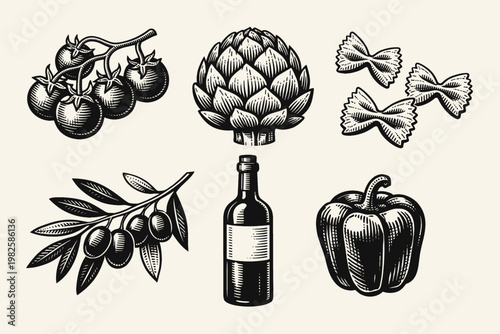 Vintage hand-drawn woodcut style collection of Mediterranean food illustrations featuring cherry tomatoes, artichoke, farfalle pasta, olive branch, wine bottle, and bell pepper icons on white.