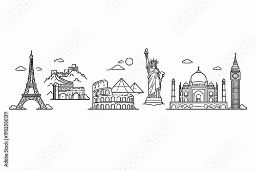 World Monuments Line Art Vector Illustration with Eiffel Tower, Great Wall of China, Colosseum, Pyramids, Statue of Liberty, Taj Mahal, and Big Ben. Minimalist Iconic Landmarks for Travel and Tourism.