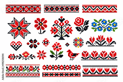Ukrainian Traditional Embroidery Ornament Set with Folk Vyshyvanka Patterns, Geometric Cross-Stitch Floral Motifs, Ethnic Red and Black Borders, Stars, Birds, and Hearts for Cultural Design