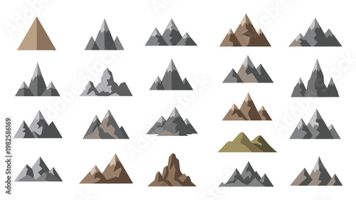 Collection of diverse flat vector mountain icons depicting various peaks and ranges suitable for nature exploration graphics and travel application interfaces