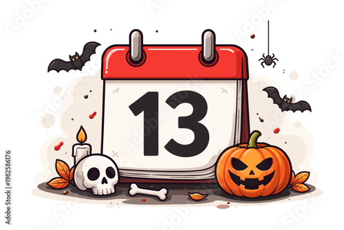 Spooky Friday the 13th Calendar Icon Featuring Halloween Elements like Jack-o'-Lantern, Skull, Bats, and Spider. Flat Vector Illustration for Superstition, Horror, and Autumn Holiday Event.