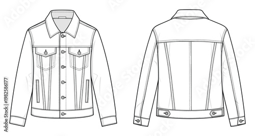 Detailed front and back flat sketch of a classic denim jacket, perfect for fashion design, apparel product development, and clothing manufacturing technical specifications
