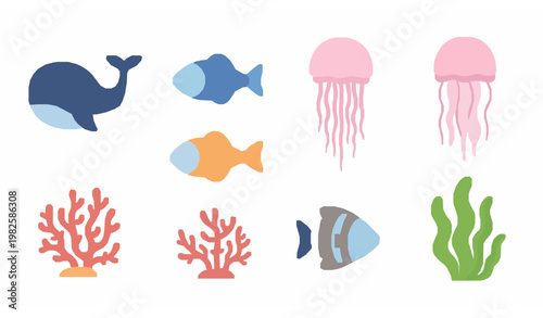 Colorful sea creatures icon set flat vector whale fish jellyfish coral and seaweed collection