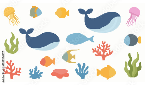 Cute ocean animals collection flat cartoon vector whale fish jellyfish coral seaweed set