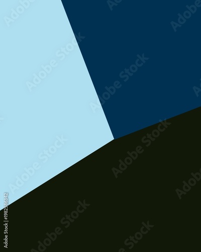 Minimalist abstract composition featuring sharp geometric intersections of light blue, navy blue, and solid black color fields.