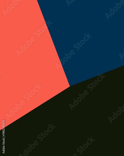 A modern abstract layout featuring sharp diagonal intersections of coral pink, deep navy blue, and solid black color fields.