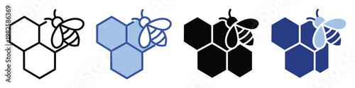 Honeycomb and bee symbols in diverse styles including line outline solid glyph and filled versions suitable for natural product branding or apiary business graphic design applications.