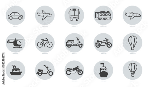 Versatile set of transportation vehicle symbols, featuring popular modes like car, airplane, train, and boat, suitable for modern user interface and communication projects.