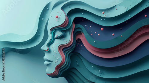 3D paper cut art depicting a human head profile with layered wavy cross-sections in blue, grey, and orange tones, with a human silhouette standing inside, symbolizing AI and the human mind.