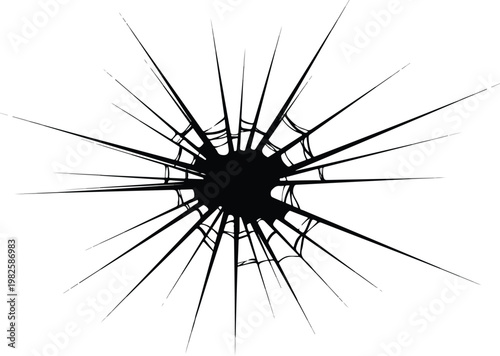 Black starburst pattern with shattered glass effect on a white background