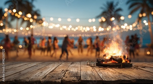A lively beach bonfire illuminates a wooden surface, with blurred figures enjoying a festive gathering under a canopy of twinkling lights against a twilight sky.