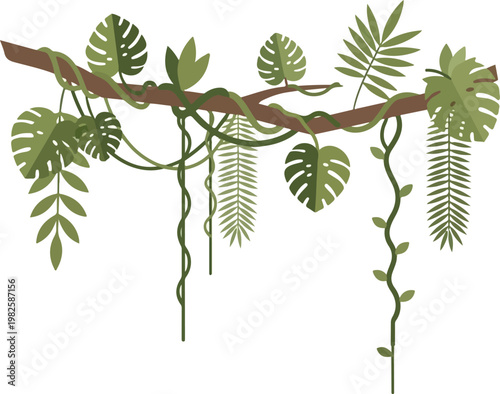 Jungle Vines Hanging from a Tree Branch With Tropical Leaves and Greenery