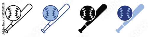 Collection of baseball bat and ball sports equipment icons representing game and activity, suitable for diverse graphic design projects including web, application, and print media.