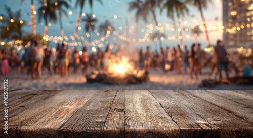 A vibrant beach party unfolds under a canopy of twinkling lights, with a wooden surface in the foreground offering a space for display or presentation.