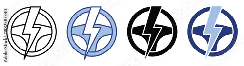 Steering wheel and lightning bolt emblem symbolizing electric vehicle power, fast charging, sustainable energy, and modern ecofriendly transport for automotive branding and technology.