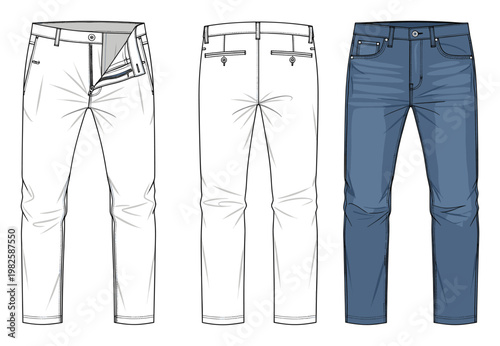 Professional vector technical flat sketches of mens casual pants and jeans for apparel design and garment manufacturing industry presentations or fashion template creation