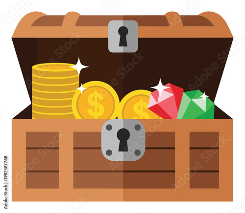 Open wooden treasure chest filled with sparkling gold coins and precious colorful gems representing wealth abundance success and financial gain for games or business applications
