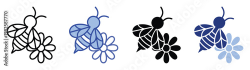Simple bee and flower glyph icons in outline, filled, and colored styles, ideal for applications requiring straightforward nature symbolism or springthemed graphics.
