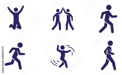 Energetic stick figure icons depicting various dynamic human actions such as jumping, highfiving, walking, running, and dancing for digital communication or fitness applications