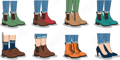 Stylish Footwear Collection for Women, Colorful Boots, Heels, and Casual Shoes with Denim and Socks, Fashion Illustration