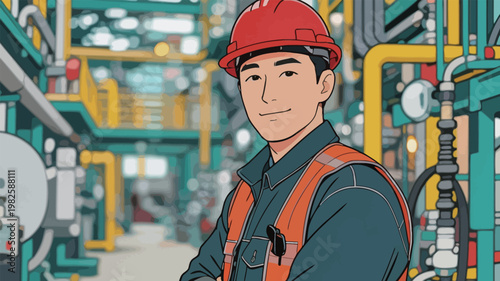 Young Asian Worker in Industrial Plant with Red Helmet