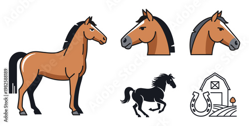 Collection of horse themed graphics including standing horse, horse heads, running horse silhouette, and farm landscape suitable for equestrian businesses and animal lover projects