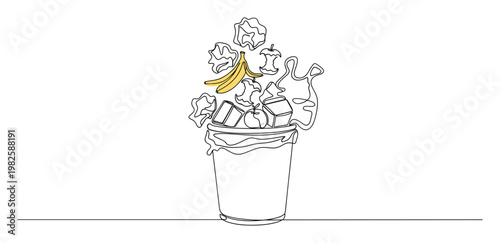 Continuous line drawing of an overflowing garbage can filled with food scraps and assorted refuse, symbolizing excessive human consumption and environmental challenges, ideal for