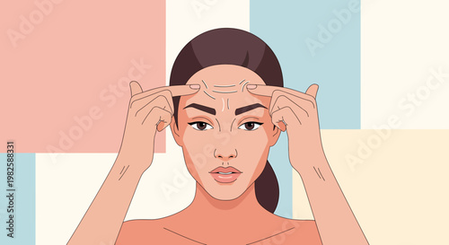 Woman touching forehead showing wrinkles illustration