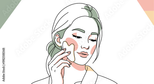 Woman using facial massage tool line art illustration