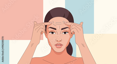 Woman touching forehead skin close up illustration