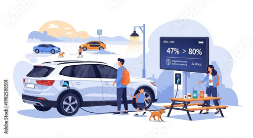 EV Road Trip Charging Scene – Family at Highway Fast Charging Hub