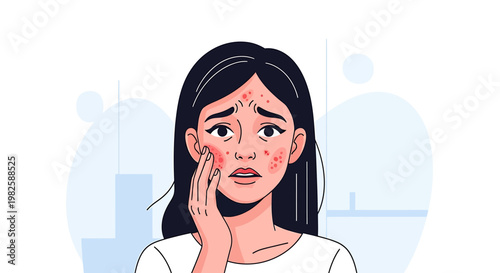 Woman with skin rash illustration showing distress about condition health problem