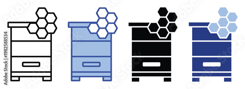 A versatile set of beehive and honeycomb symbols representing beekeeping, natural sweetness, and honey production, suitable for agriculture branding, organic food labels, and digital