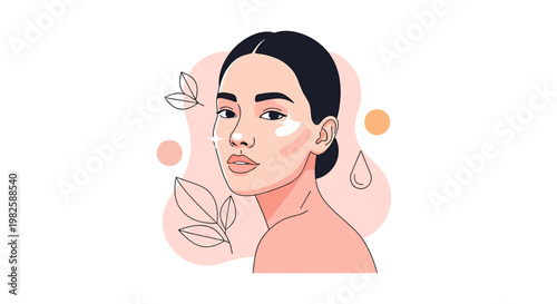 Womans face illustration with skincare elements and natural leaf