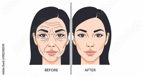 Womans face transformation aging process illustration beauty treatment