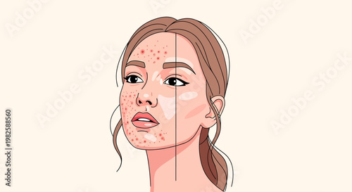 Womans face showing skin condition comparison vector illustration