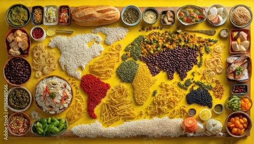 A vibrant world map is creatively constructed from diverse food items, showcasing global cuisine.