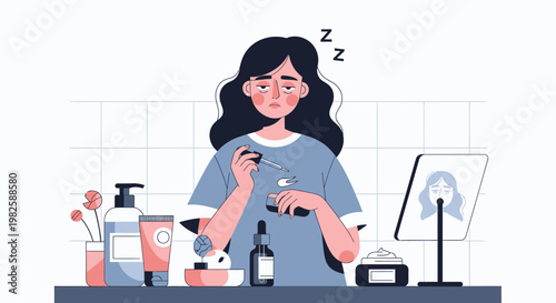 Woman applying skincare products morning routine illustration