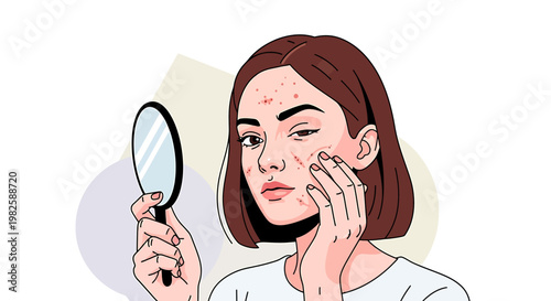 Woman examining face using mirror skincare concept illustration