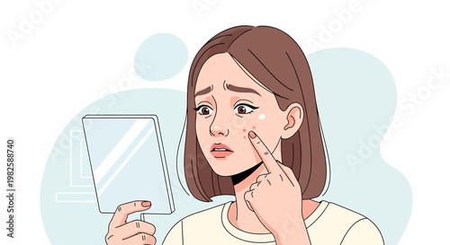 Woman examining facial skin in a mirror illustration